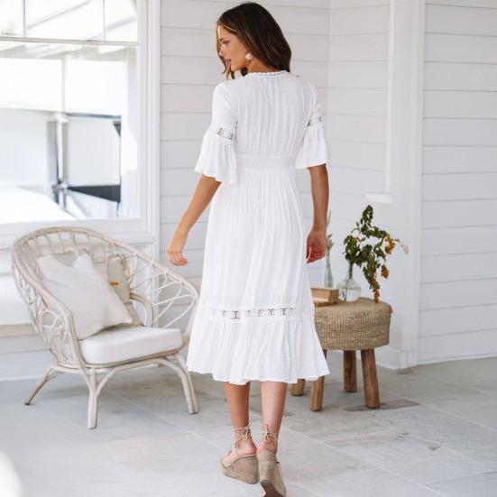 Boho Summer V Neck Flowy Dress for Women Floral Lace Ruffle A Line Dress Casual Bell Sleeve Beach Vacation Sundress