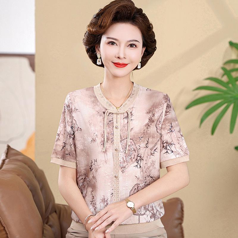 

Chic Summer Ice Silk Short Sleeve T-Shirt for Middle-Aged & Elderly Women - New Chinese Style Fashion Top 2XL (110-120 lbs) бежевий/верблюд