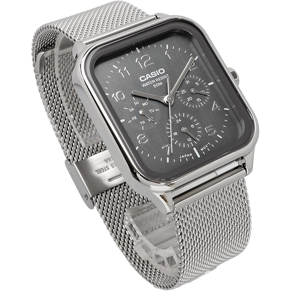 Casio Standard Round Rectangle Multi-Function Analog Men's Watch 24-Hour Display Metal Mesh Band Gray