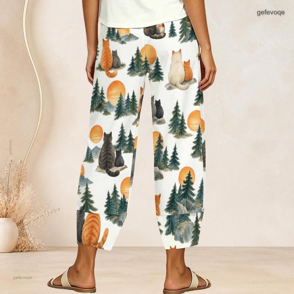 Women Plus Size Loose Deer And Leaf Printed Cross Hem Cropped Pants
