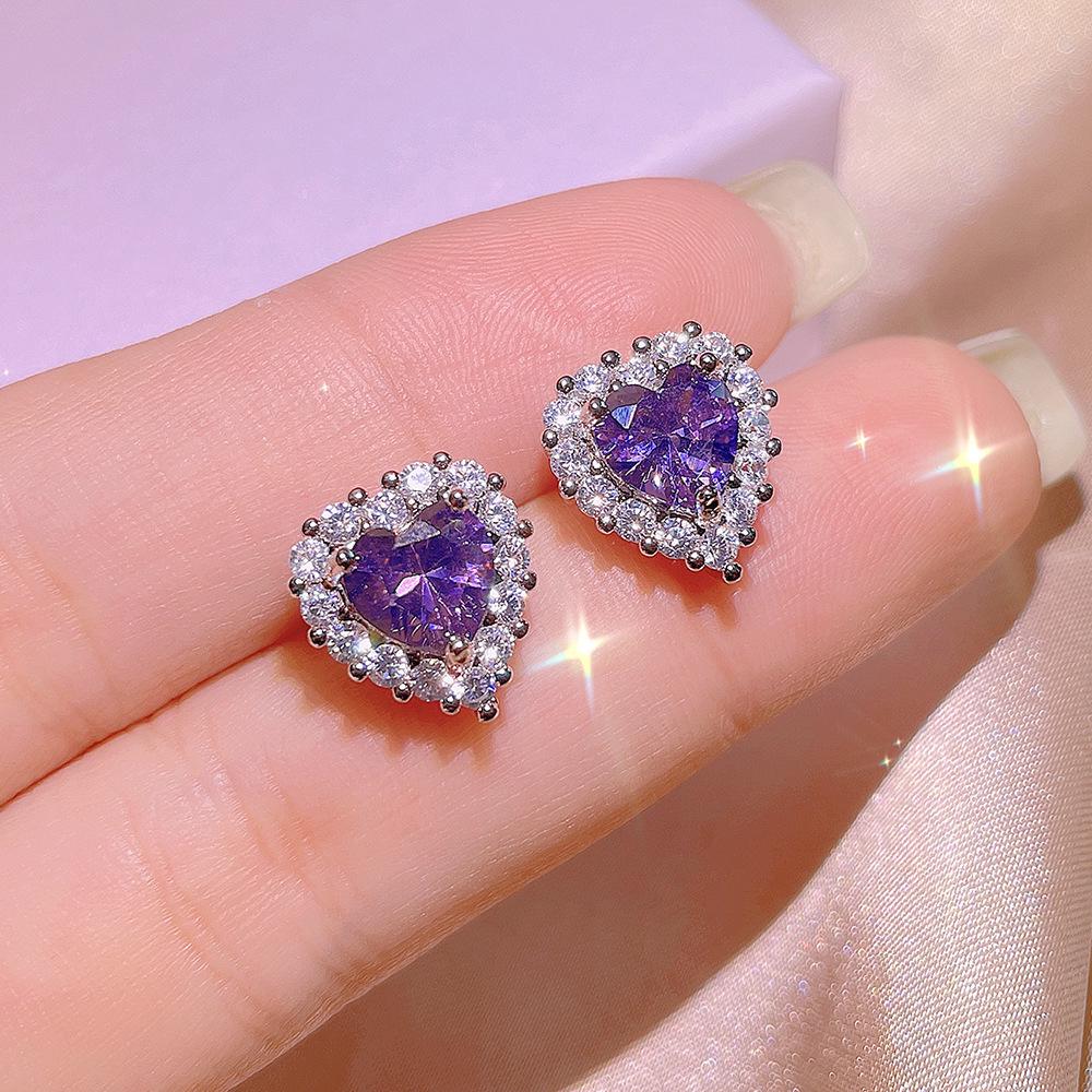 Purple Heart Zircon Jewelry Set: Ring, Earrings, and Necklace - Elegant Three-Piece Collection