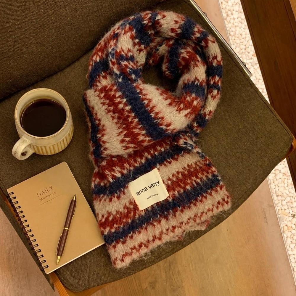 Warm Striped Knit Scarf 164cm X 30cm Winter Neck Warmer Fleece Lined Scarf  Outdoor Wear