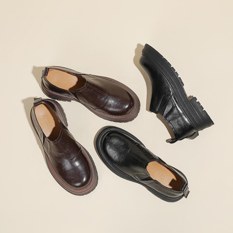 2025 spring and autumn models, hand-scratched leather thick-soled small leather shoes, women's round head thick heel elastic one-pedal exquisite Kore