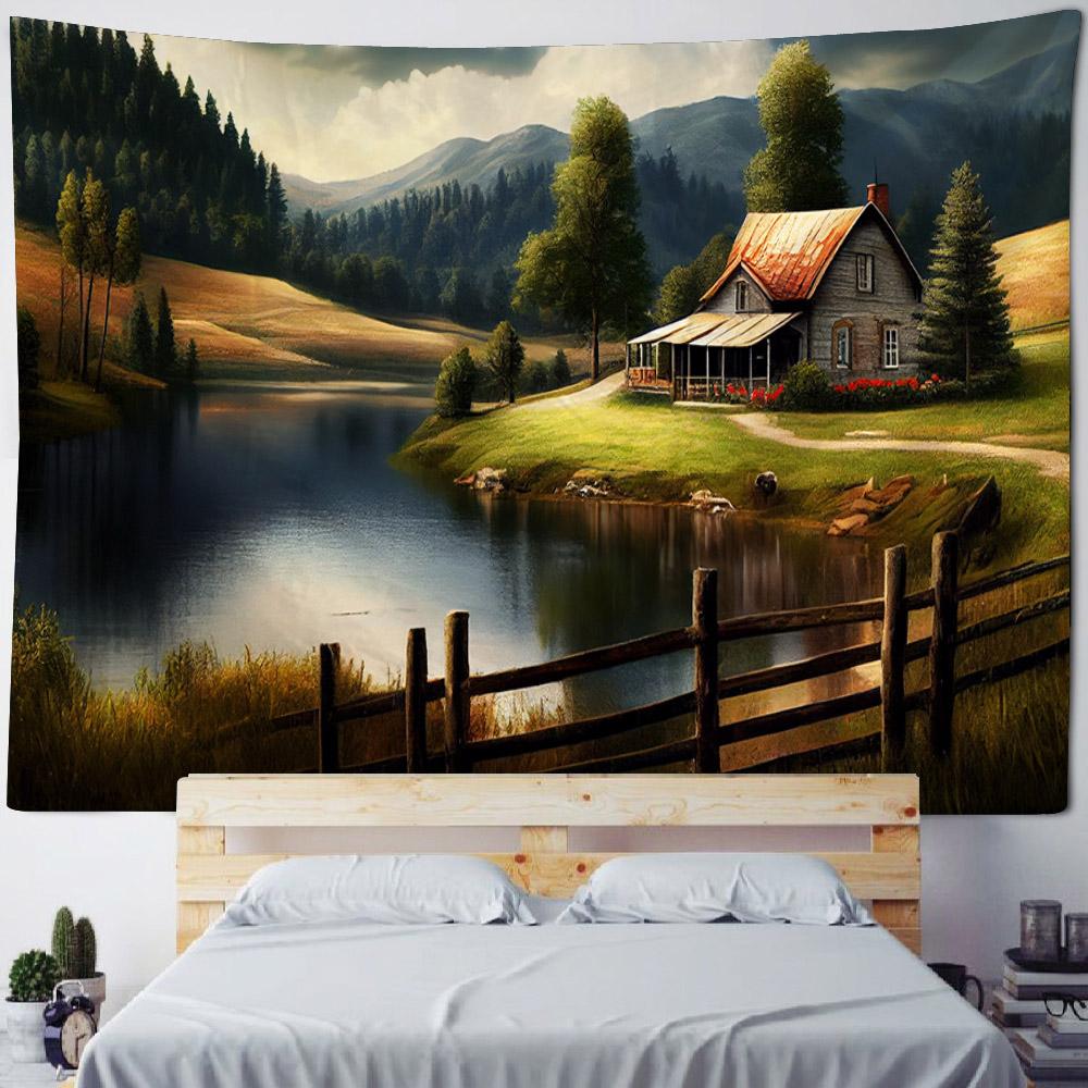 Beautiful wooden house, floral tapestry, forest landscape, home decoration hanging cloth, living room dormitory background cloth