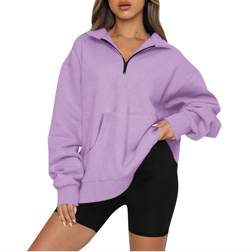 European and American Women's 2022 Autumn/Winter Pocket Half-Zip Long Sleeve Pullover Hoodie Sweatshirt
