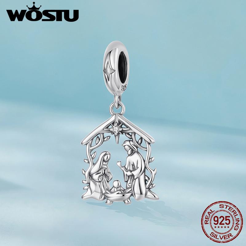 WOSTU 925 Silver Jesus Nativity Scene Charm The Birth Of Jesus Pendant Fit Bracelet Necklace Making DIY Unqiue Gift