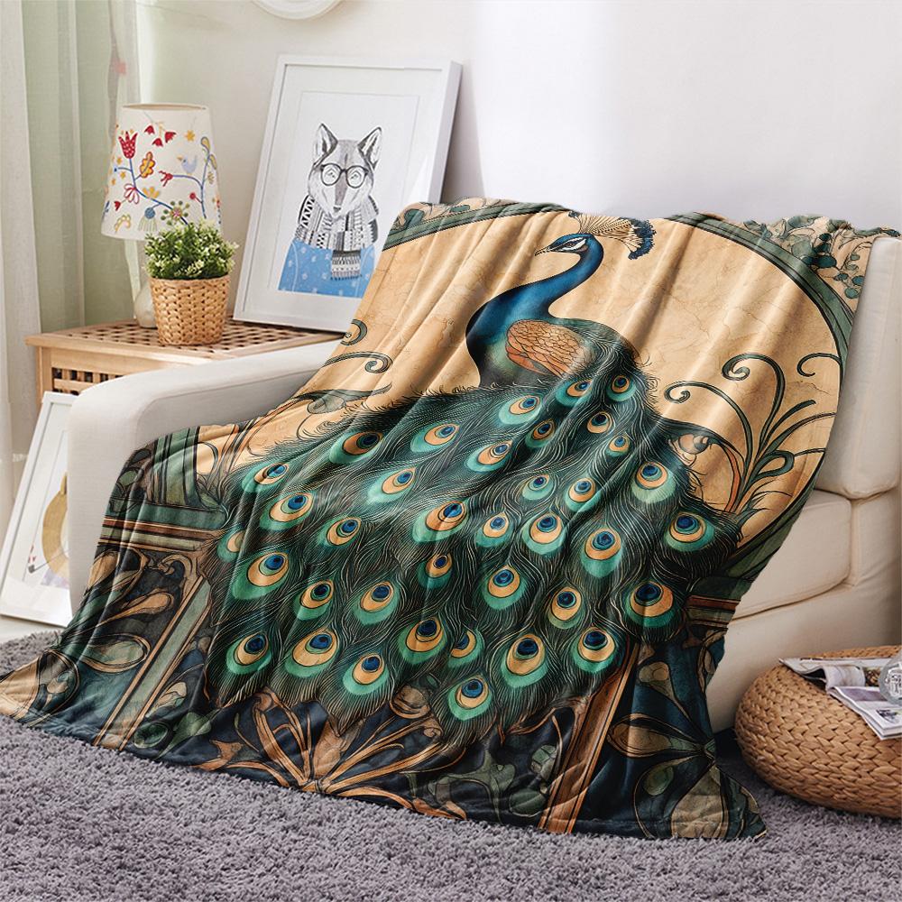 Peacock with Fanned Tail Print Flannel Blanket, High quality Comfortable for All Seasons, Home Decor, Warmth and Comfort