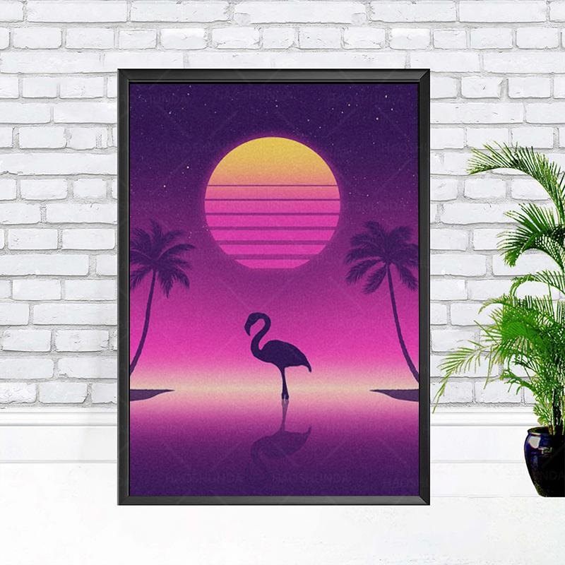

Картина на холсте, настенная картина с фламинго, Retrowave Synthwave, 80-е годы, художественные постеры, модульные куадросы, домашний декор, картина для гостиной, без рамки