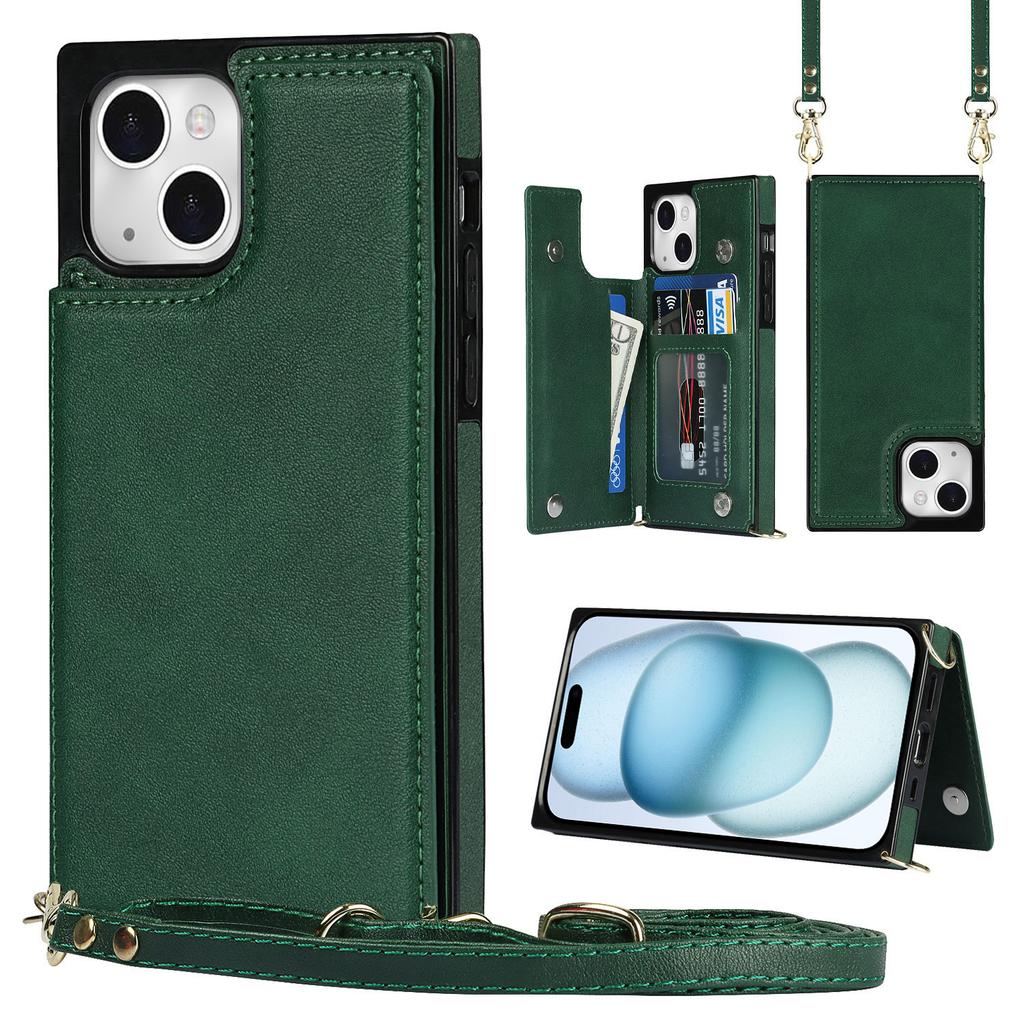 For iPhone 15 RFID Blocking Card Holder Back Cover Kickstand Phone Case with Shoulder Strap
