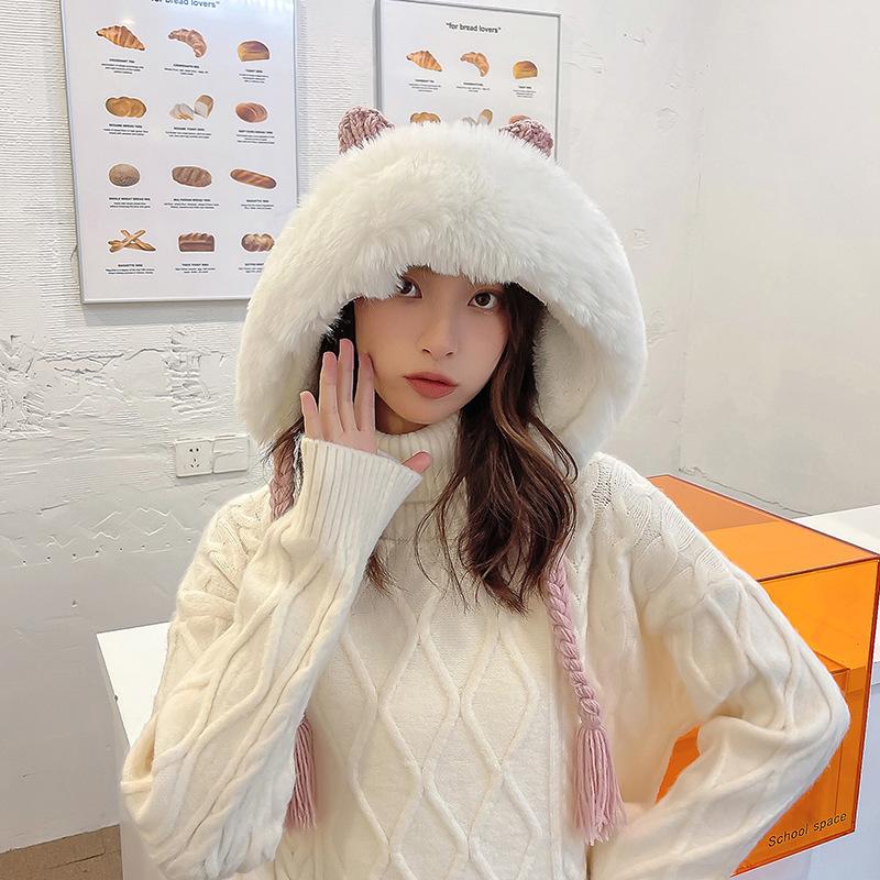 New Women Winter Warm Cute Beanie Hat Cat Ears Lady Kawaii Knitted Crochet Beanies Hat Cap With Braid For Women