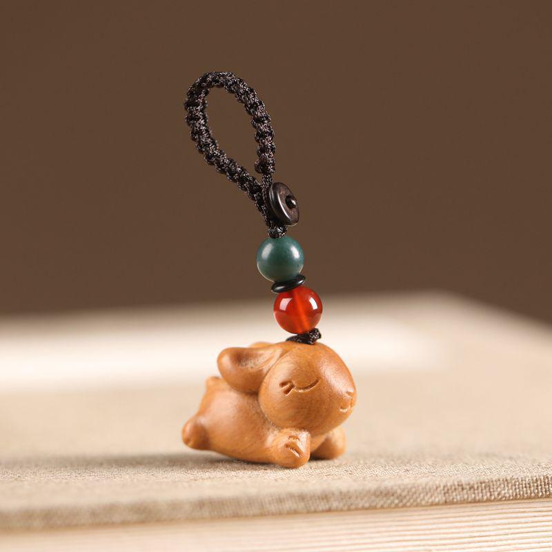 Sandalwood Year of the Rabbit Keychain - Women's Cute Rabbit Pendant for Schoolbag or Car Lanyard.