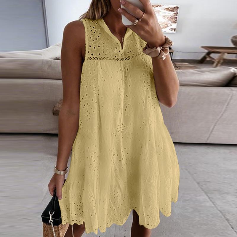 ZANZEA Damen Sommer Ärmellos Hohlstickerei Spitze Häkeln Kurzes Kleid
