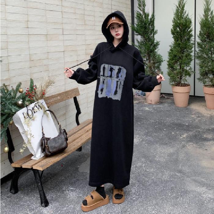 

YYFS Женская мода Осень Зима Длинный рукав С капюшоном Свободная талия Повседневные платья Size: One Size