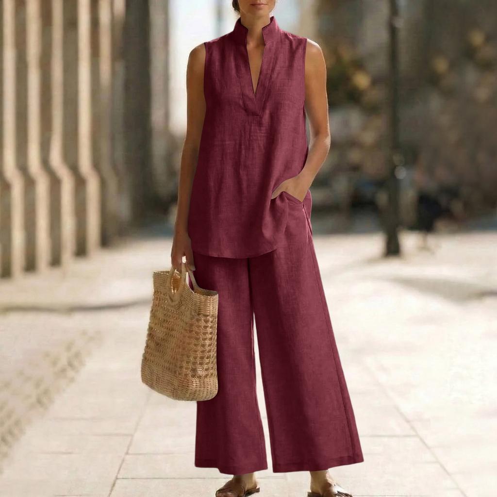 Women's Fashionable Loose V-neck Vest Sleeveless Pullover Top High-waisted Wide-leg Pants Set