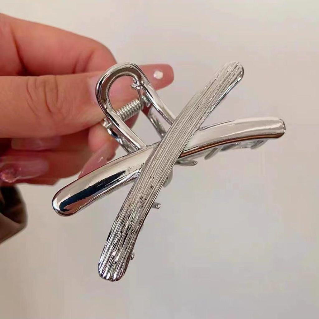 Silver Textured Metal Shark Hair Claw - Women's Stylish Updo Clip Accessory