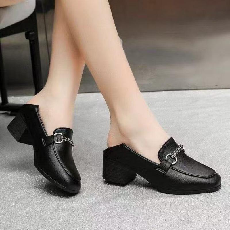 Thick Heel Shallow Mouth Single Shoes Women's Autumn New One-pedal Soft Leather Small Leather Shoes Lazy