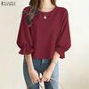 Women Casual Round Neck Solid Color 3/4 Sleeve Loose Blouse