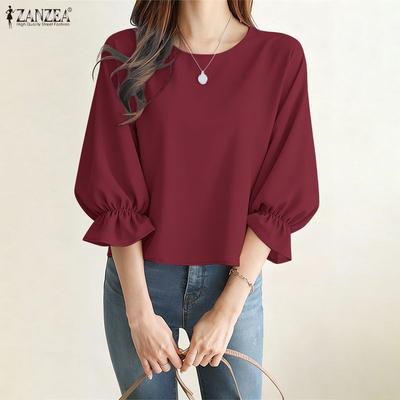 Women Casual Round Neck Solid Color 3/4 Sleeve Loose Blouse