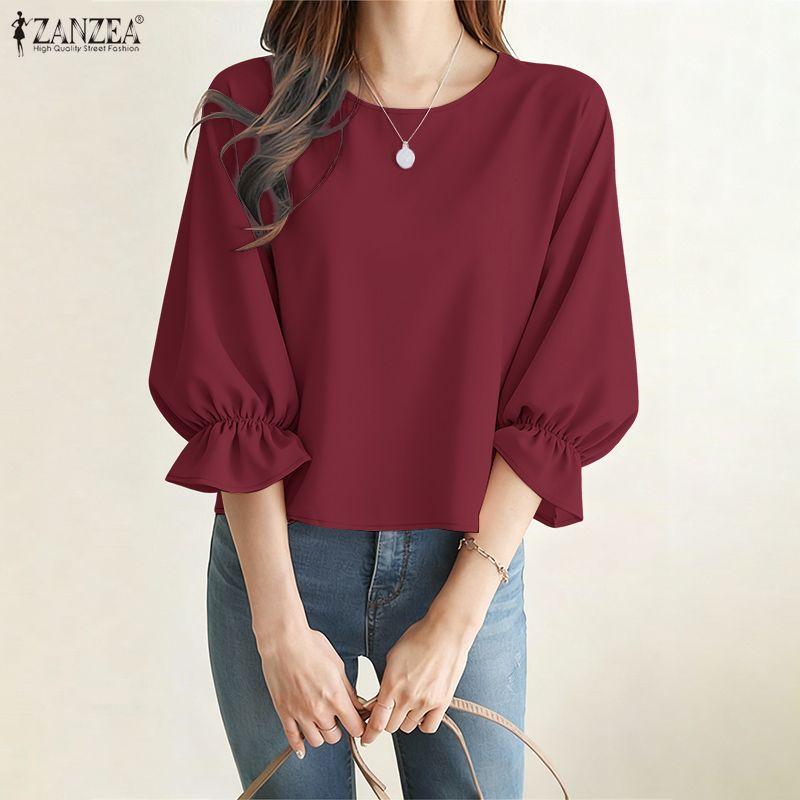 ZANZEA Women Casual Round Neck Solid Color 3/4 Sleeve Loose Blouse