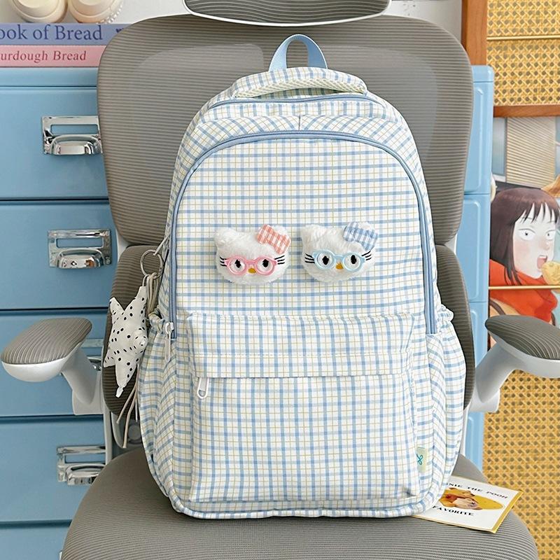 Schoolbag Macaron Plaid Girl Sweet Backpack Summer Refreshing Milk Blue Middle and High School Girls Atmosphere Backpack