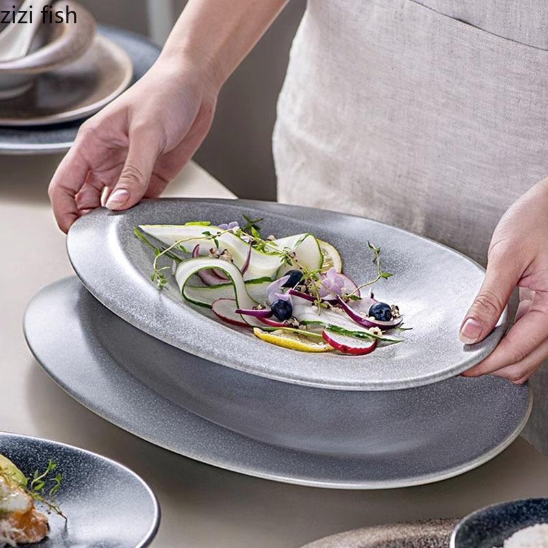 Creative Irregular Oval Ceramic Plate Restaurant Fish Plate Dessert Plate Sushi Dish Shallow Plates Restaurant Special Tableware