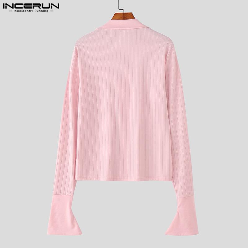 INCERUN Autumn Men Lapel Neck Long Sleeve Ribbed Casual Fitted Cropped Tops Undershirts
