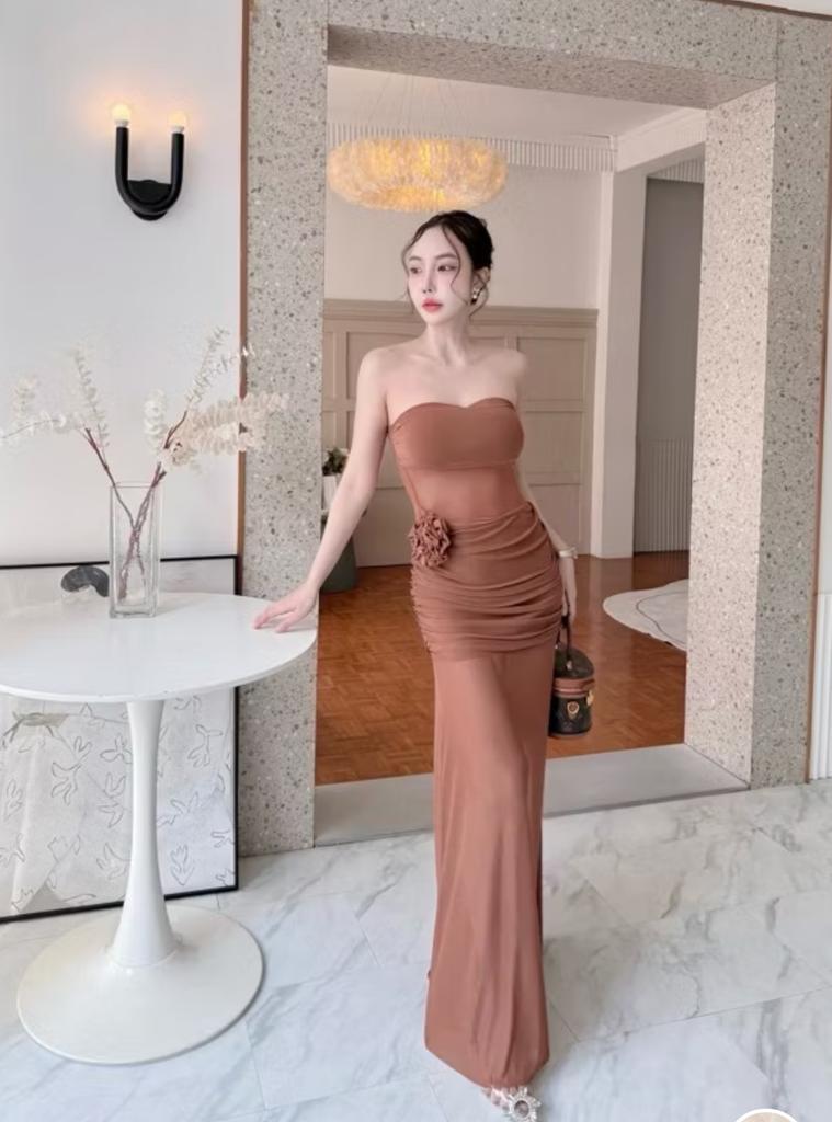 French retro tube top dress women's three-dimensional flower waist thin neckline perspective chest wrap hip long dress white