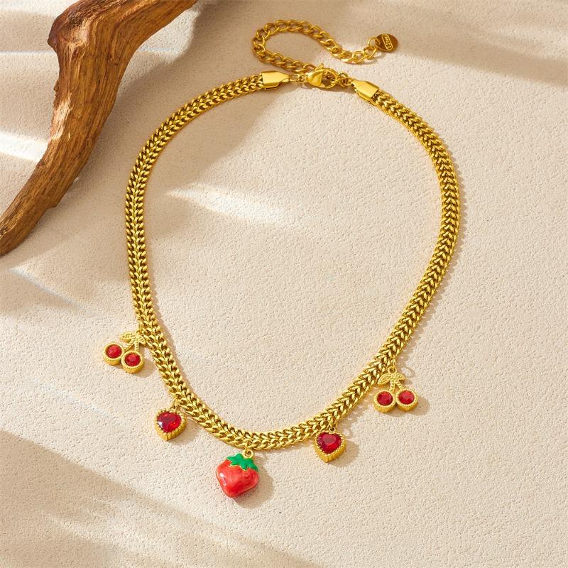 Gold Plated Stainless Steel Fruit Charm Necklace With Strawberry Cherry Heart Pendants For Women золотой