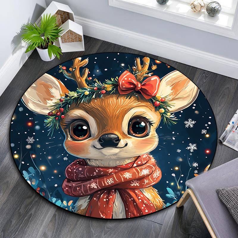 Cute Deer Round Area Rug,Carpet Rug for Living Room Bedroom Sofa Playroom Decor,Non-slip Floor Mat
