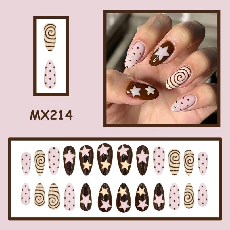 Simple To Apply Press On Artificial Nail With Geometric Dot Star Art In Pretty Pink Brown Hues