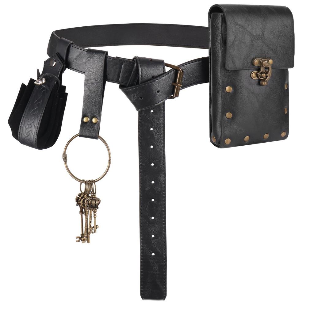 Medieval Leather Waistband Belt with Cord and Pouch