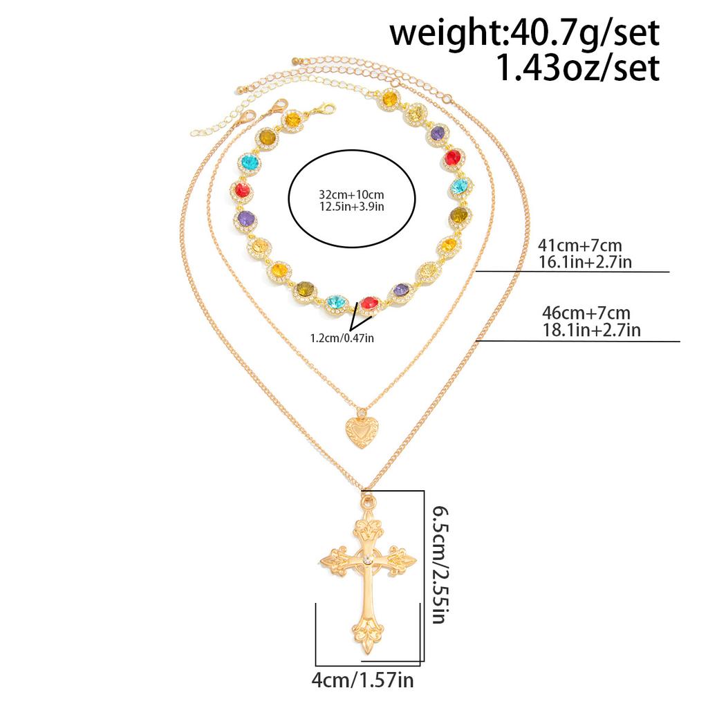 Fashionable Heart-shaped Cross Crystal Pendant Necklace with Colorful Diamonds Set In Small Flower Collarbone Necklace