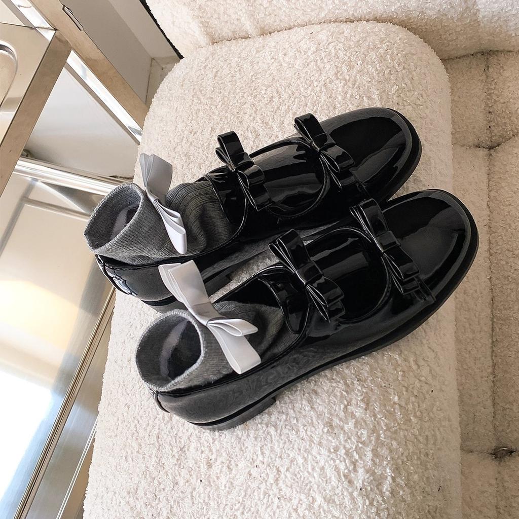 Cowhide Version~ British Style Bow Small Leather Shoes Women's Platform Loafers Heightened Leather Black Low-heeled Single Shoes Autumn