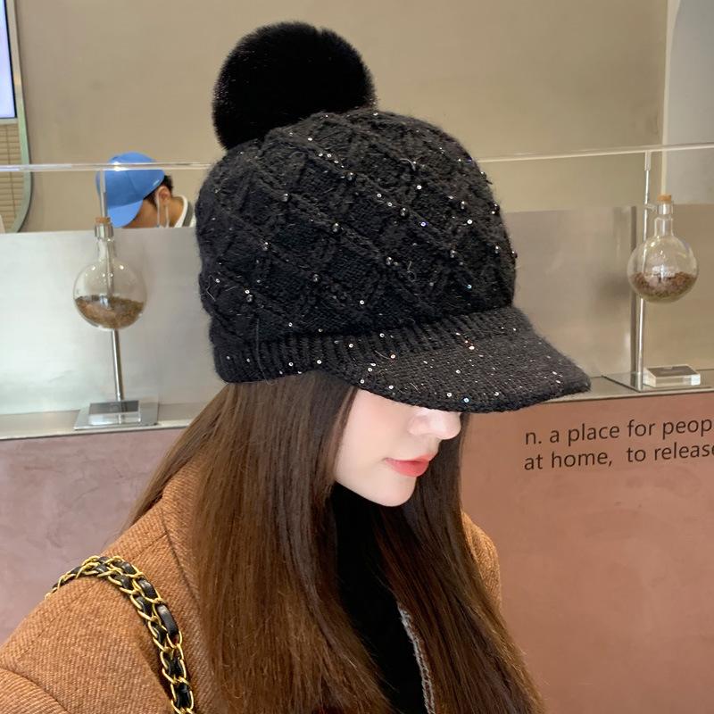 

Hat Women s Winter Thickened Warm Pearl Duck Tongue Knitted Hat Ear Protector Windproof Wool Hat
