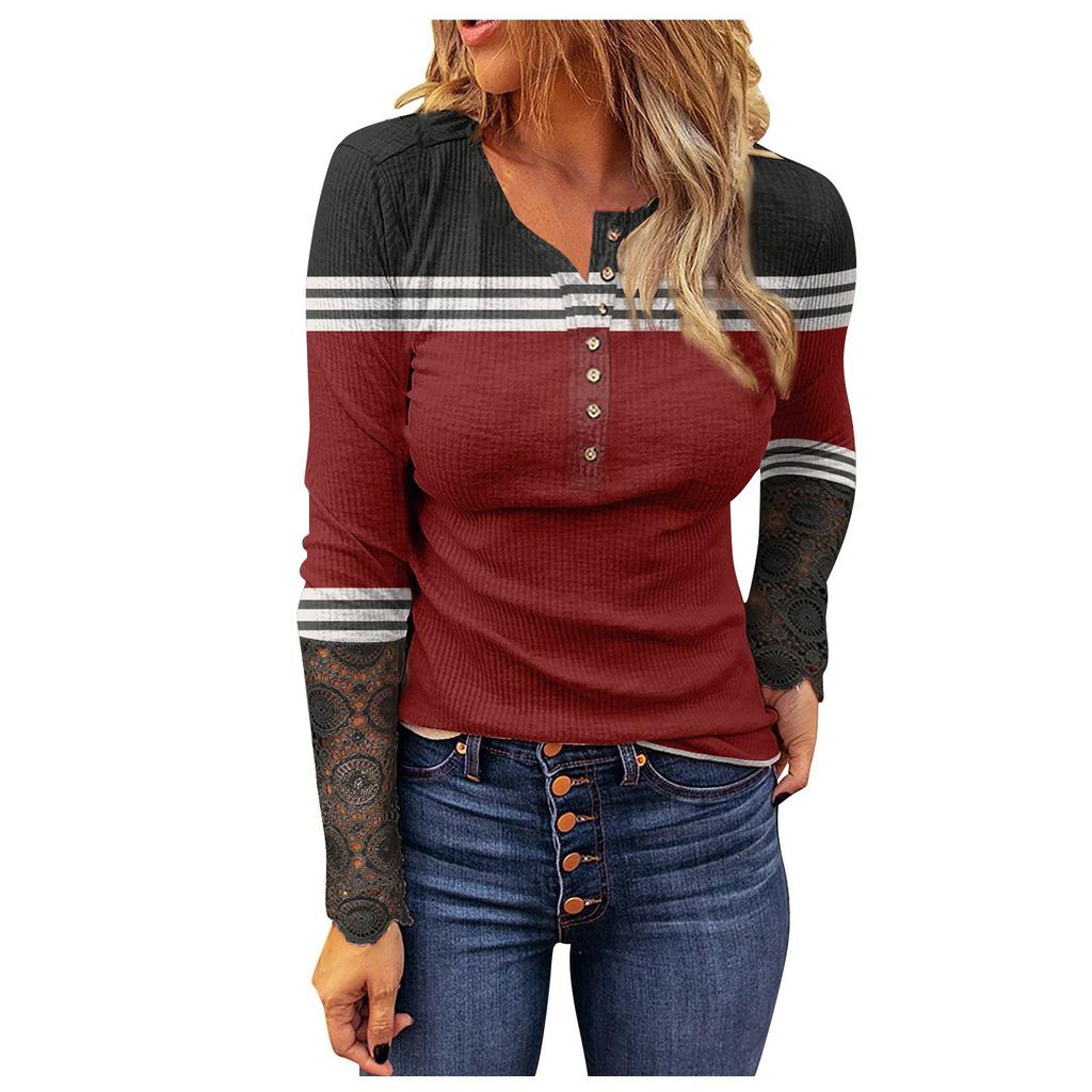 Women Fashion Patchwork Printing Lace Long Sleeve Casual Button Pullover Sweatshirt Top