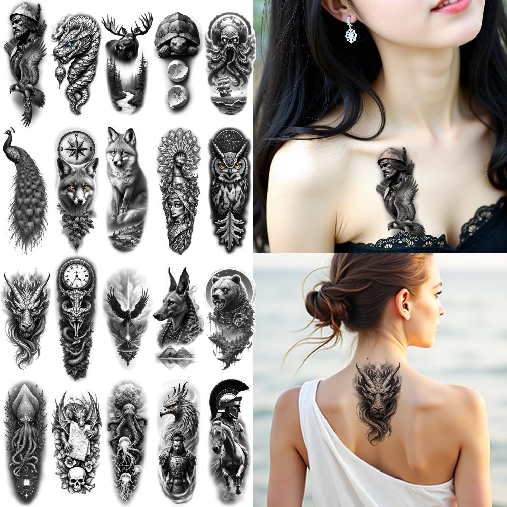 12pcs Temporary Tattoo Horse Black And Grey Realism Peacock Wolf Waterproof Long-lasting Body Stickers Lion For Thigh