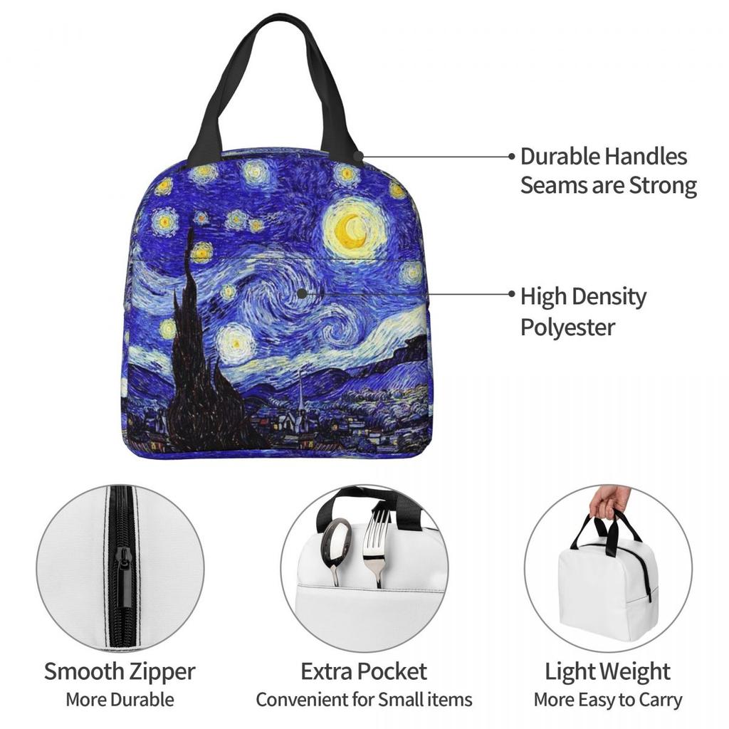 A Starry Night Van Gogh Mountain Inspiration Insulated Lunch Bag for Women Children Portable Food Boxes Thermal Lunch Box Tote