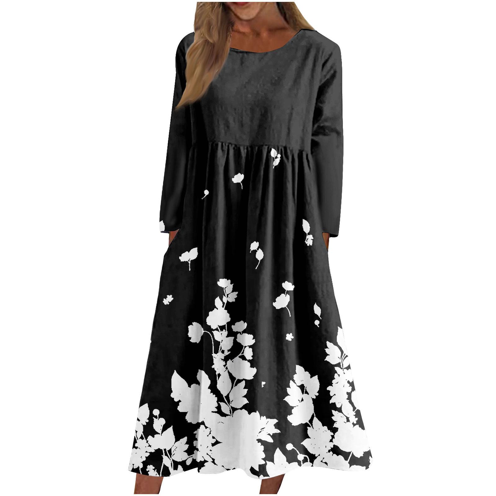 Женское повседневное платье средней длины с круглым вырезом и принтом — фото 3