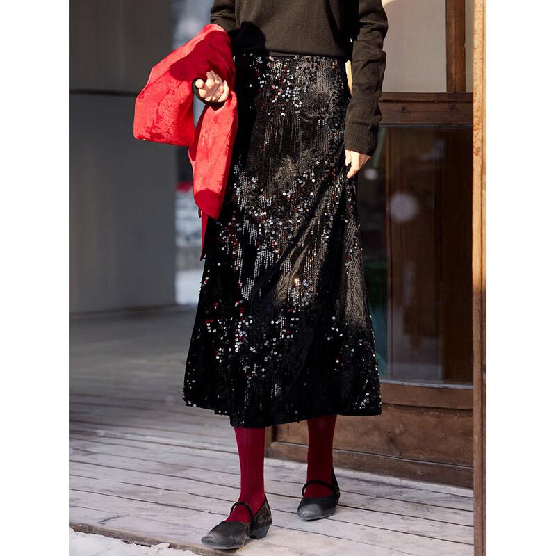 XWI Elegant Velvet Irregular Sequin A-Line Skirt