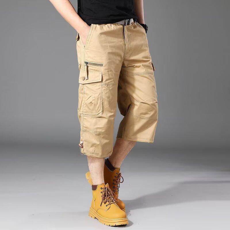 Men's Cargo Bermuda Shorts Multi Pocket Zipper Fly Solid Color Elastic Waist Casual Summer Shorts