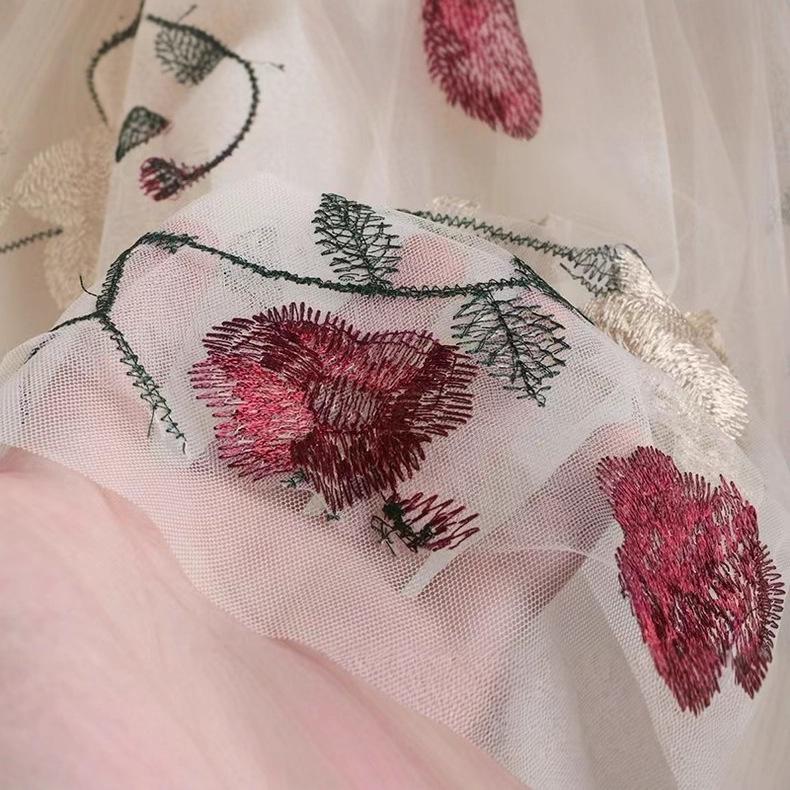 Women's French Retro Floral Embroidery A-Line Mesh Skirt for Spring/Summer