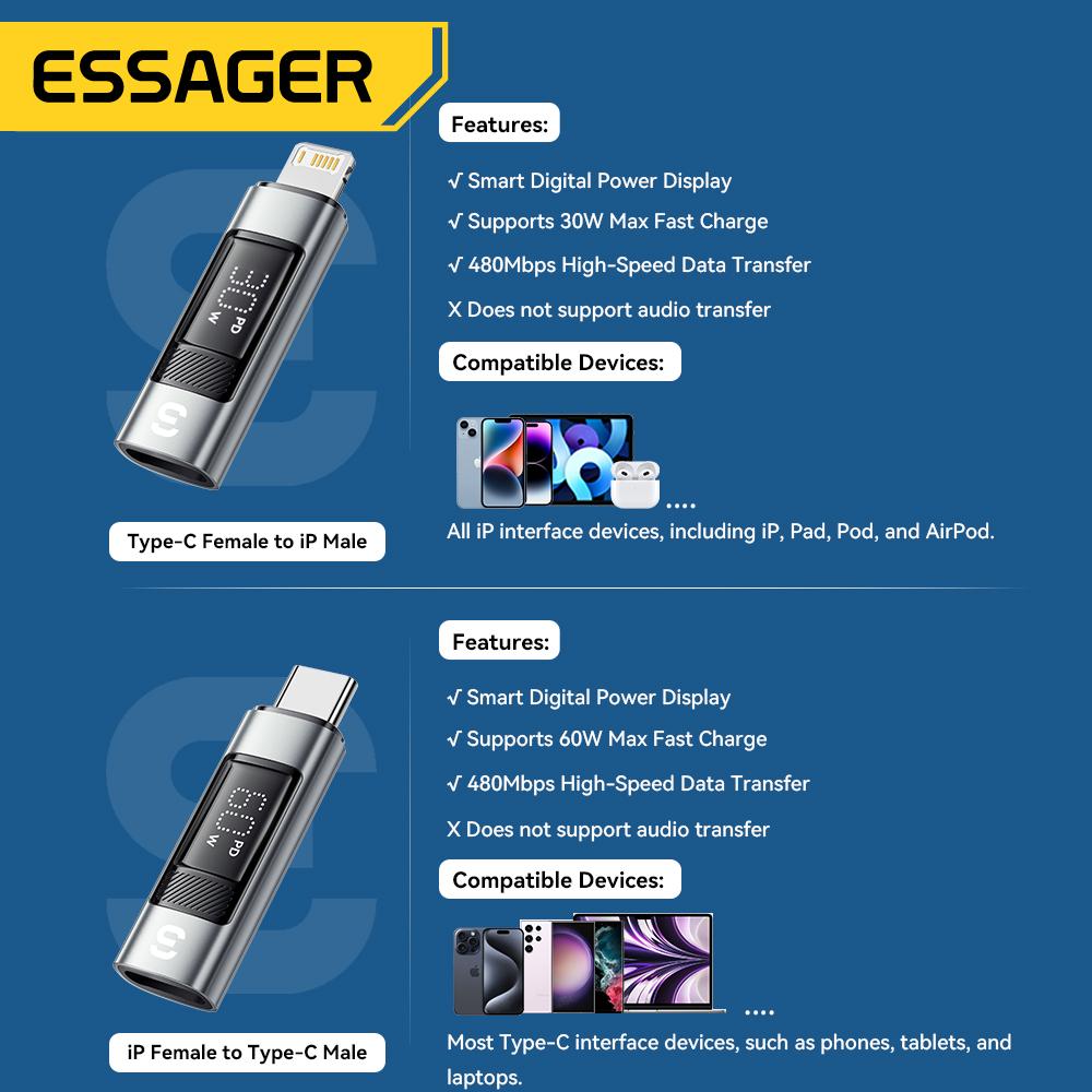 Essager Typ C auf Lightning OTG Adapter Digitalanzeige PD 60W Schnellladung Lightning auf Typ C Anschluss für IPhone 15 14 13 12
