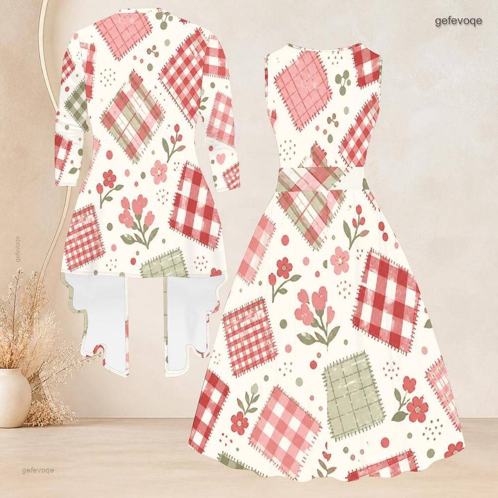 Women Plus Size Two Piece Set Geometric Printed 3 4 Sleeve Draped Cardigan Sleeveless Round Neck Tie Waist Flared Dress