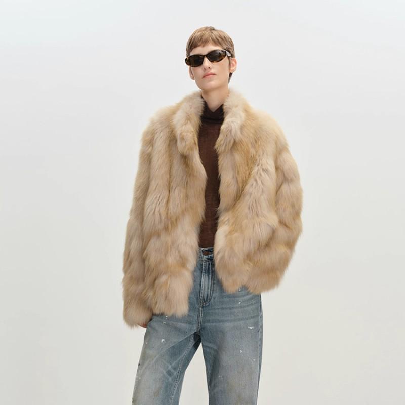 Womens Mid-Length Faux Fur Coat With Stand Collar Winter Warm Outerwear Casual Korean Style