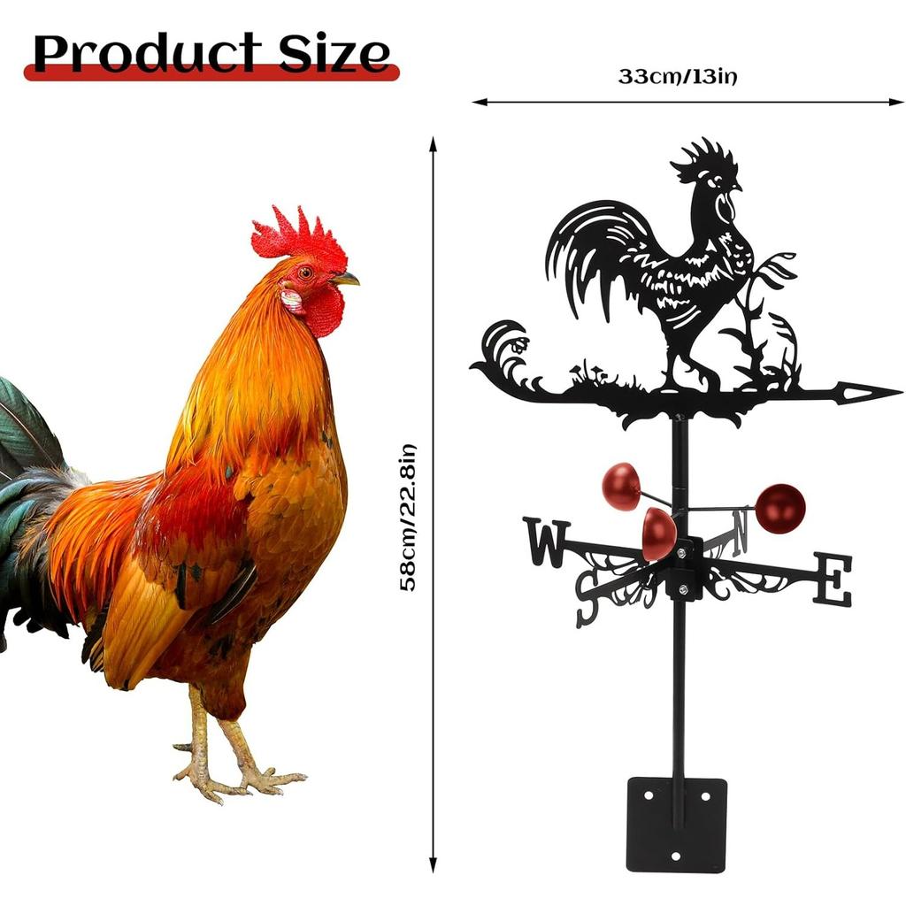 Metal Rooster Weathervane, 22.8 x 13 Inch , Direction Indicator Wind Vane Weathercock for Garden Decorative Farmhouse Yard Chicken Coop