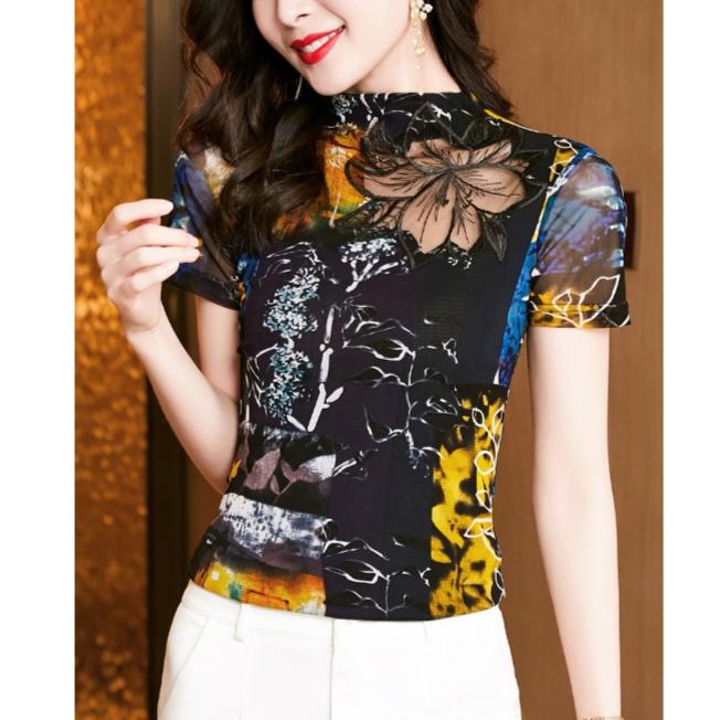 Lace Semi High Neck T-shirt for Women's Spring Summer Fashion Print Top Age Reducing Mesh Base Shirt Stylish Small Shirt T-Shirts Women’s