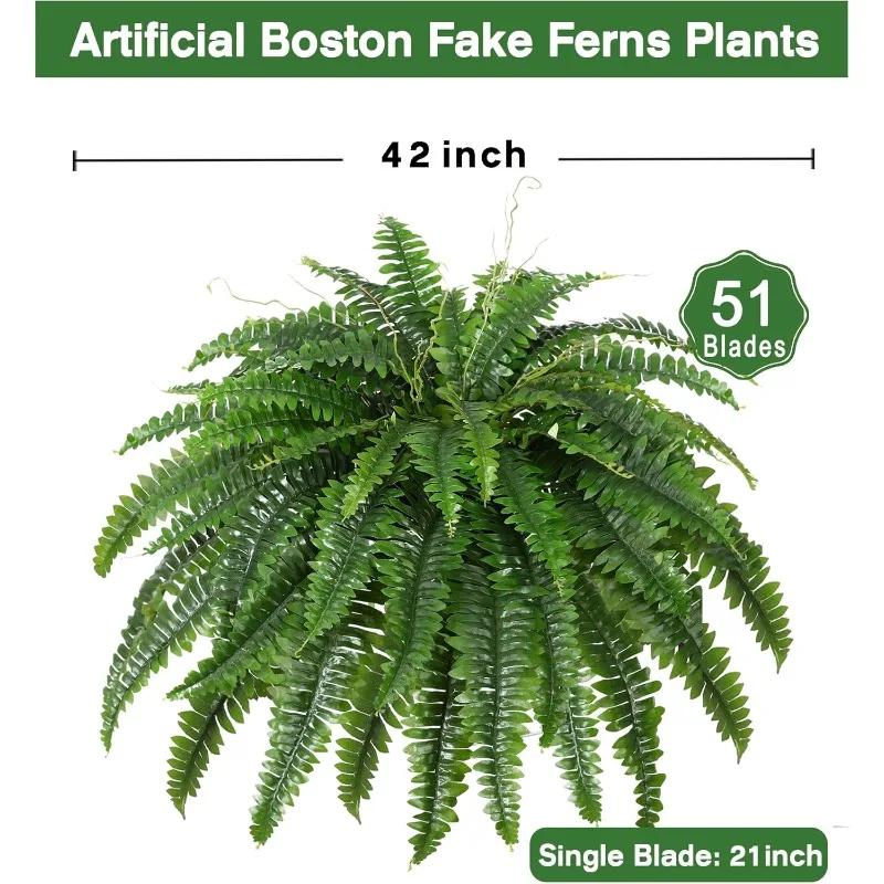 Artificial Boston Fern Bush- Set of 2 Large Artificial Ferns for Outdoors, 42Inch Large Faux Ferns, 51Branches for Each Bouquet