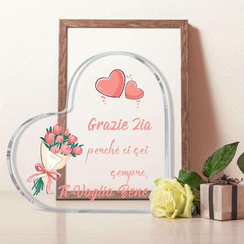 2D Flat, "Grazie Zia" Heart-Shaped Acrylic Thank You Gift Tabletop Decor Plaque, Floral Design, Home Decor Plaque Hanging Wall Art Decorative Garden D