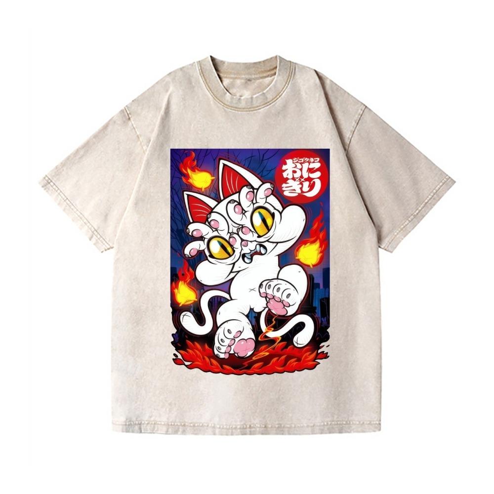 

Men s Fashion Washed Acid T-shirts Casual Loose Hell Cat Vintage Wash Japanese Design Tees Holiday Sports Unisex Tunics S