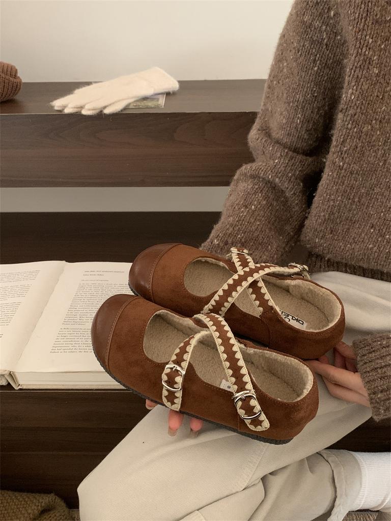 Fleece Single Shoes Female Autumn and Winter New French Temperament Fairy Ballet Gentle Evening Suede Flat Mary Jane Shoes
